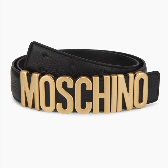 Moschino Couture Black Leather W Gold Textured Logo Belt Size 48 Waist 28-32 - Picture 14 of 16